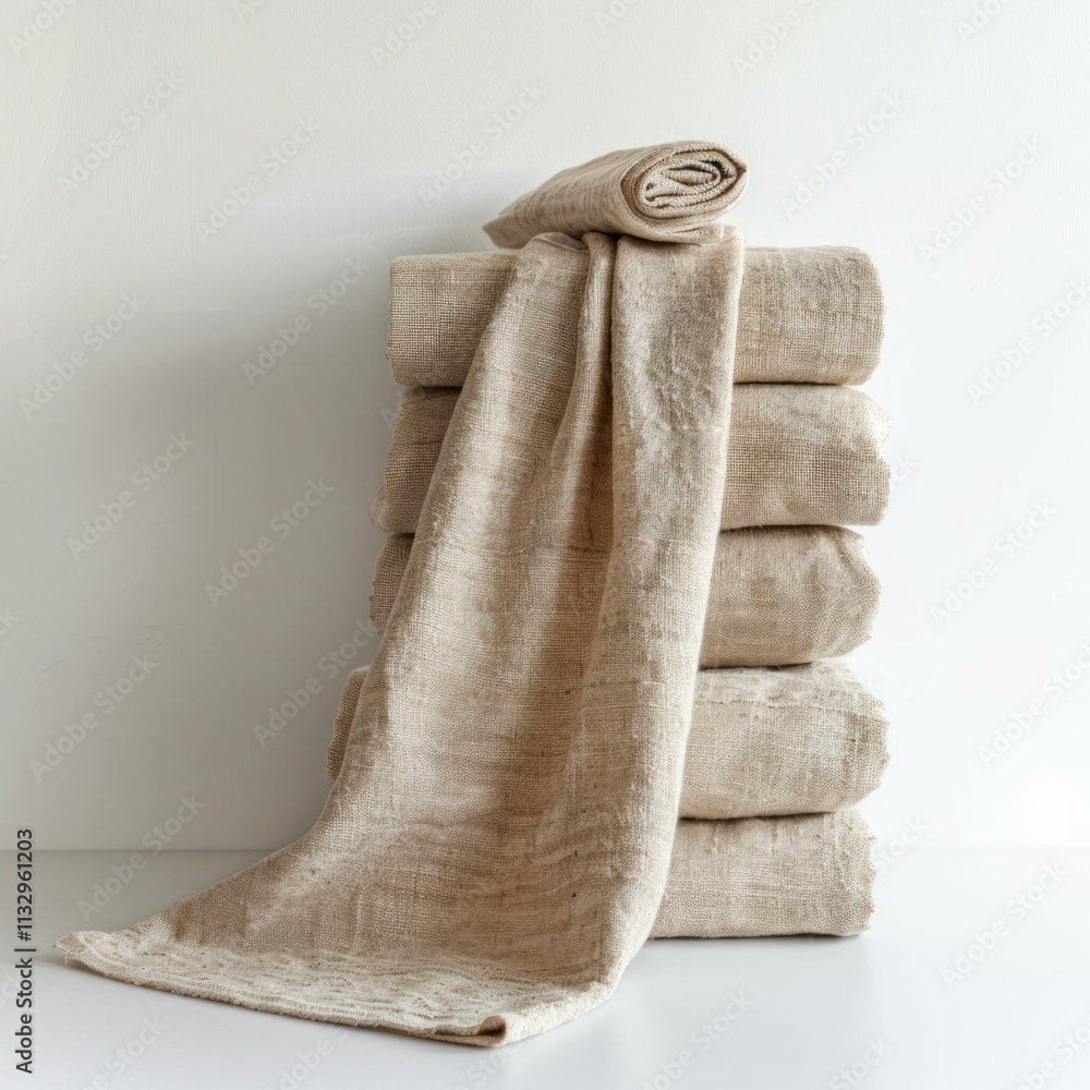 Poster soft beige linen towels or blankets stacked neatly on a white surface, creating a cozy and inviting 