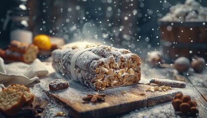 A freshly baked stollen loaf, dusted with powdered sugar, sits on a wooden cutting board with a knife, surrounded by other holiday treats and decorations.