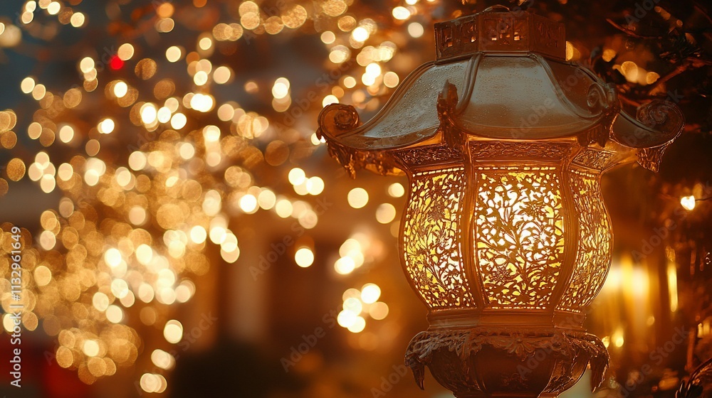 Poster a decorative lantern glowing amidst a backdrop of shimmering lights.