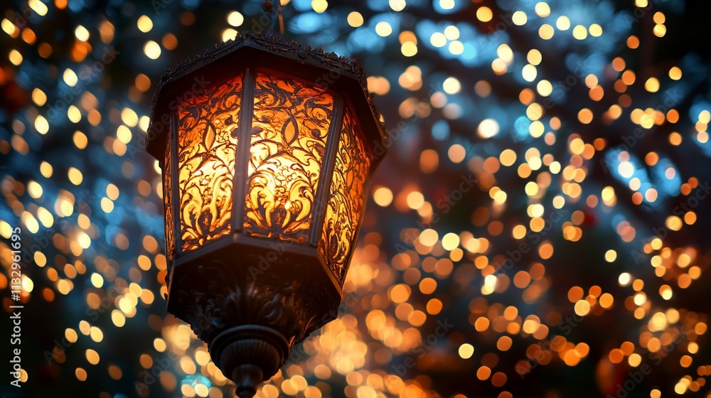 Poster A decorative lantern glowing against a backdrop of colorful bokeh lights.