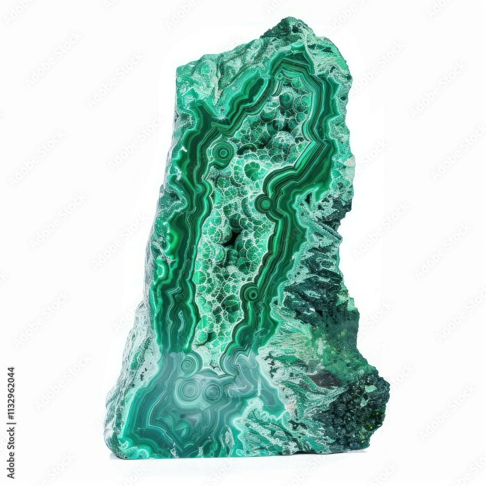 Poster polished slab of malachite mineral showing concentric layers and patterns, isolated on white backgro