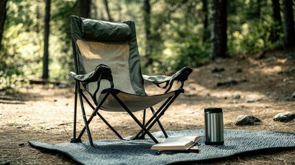 A folding camp chair arranged on a camping mat, with a thermos and a book resting on the armrest.