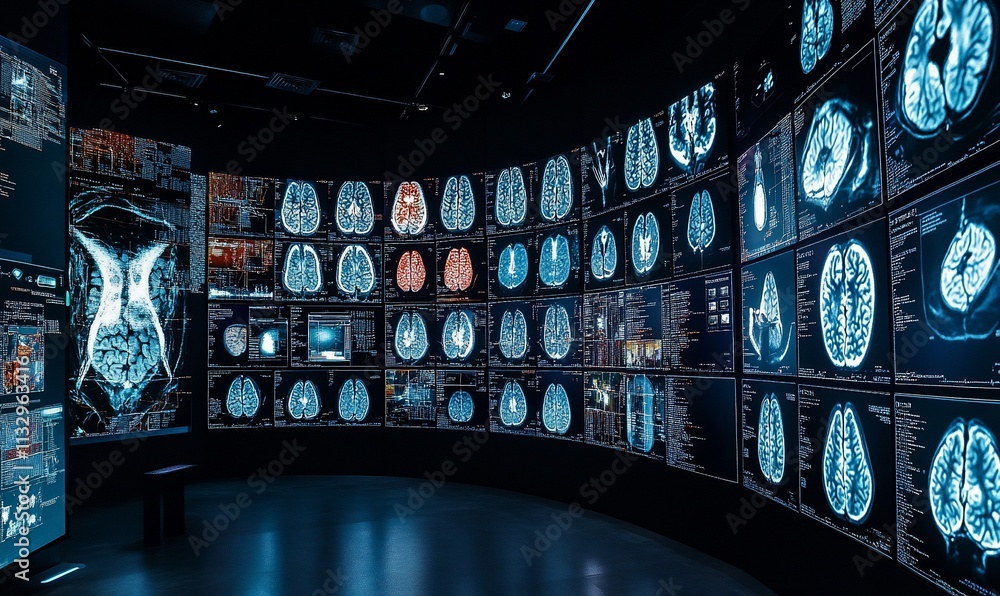 Poster a display of brain imaging technology in a modern exhibition space.