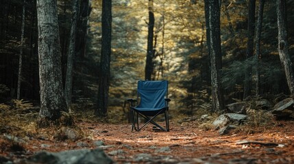 A folding camp chair set up in a cozy nook of a forest, surrounded by towering trees.