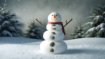Fototapeta premium Festive Snowman in Snowy Landscape with Christmas Trees