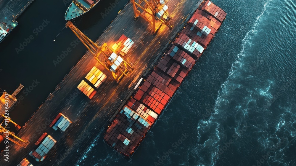 Poster aerial view of a busy port with shipping containers and a vessel.