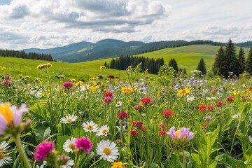 Obraz premium Breathtaking Closeup Vista of a Lush Meadow with Blooming Wildflowers on White Background