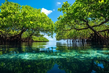 Obraz premium Coastal mangroves with still waters and vibrant green trees, focus on coastal ecosystem health and preservation, realistic environmental photography