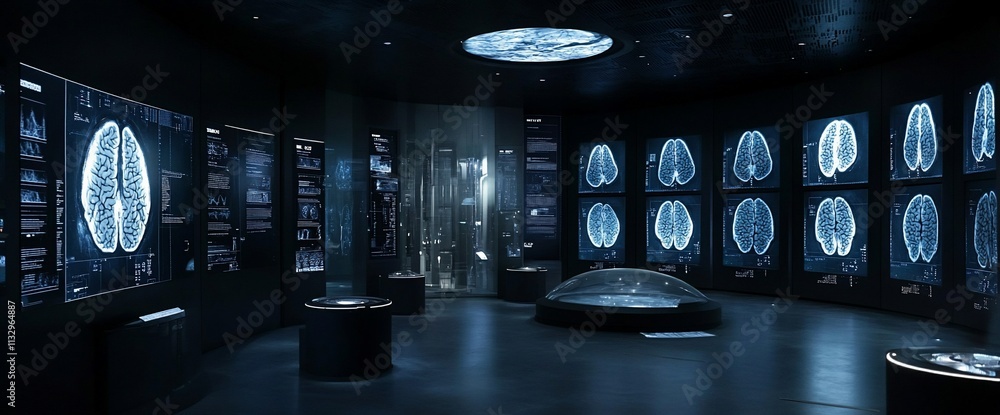 Aufkleber a futuristic room displaying brain imagery and data for research purposes.