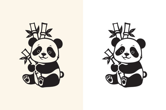 Simple cute panda climbing a bamboo tree character vector illustration and panda logo