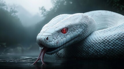 Fototapeta premium Albino snake with red eyes in foggy forest.