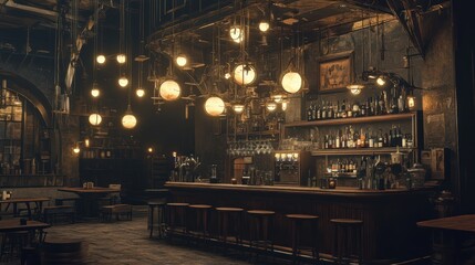 Rustic, dimly lit pub interior with wooden bar and hanging lights.