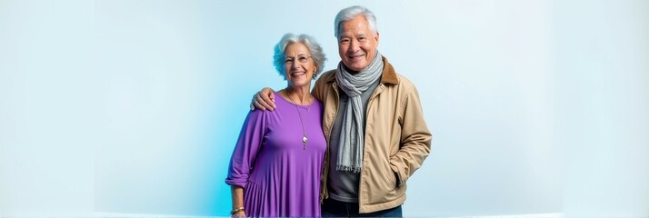 Fototapeta premium Elderly caucasian couple smiling in casual attire with light background