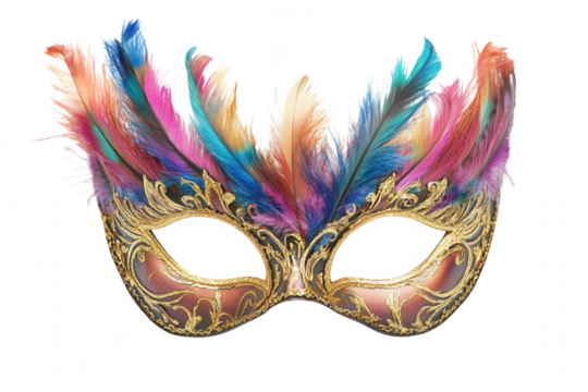 This vibrant and artistic mask features colorful feathers and intricate gold detailing. Typically used for masquerade events, it adds a touch of glamour and mystery, ideal for festive celebrations and