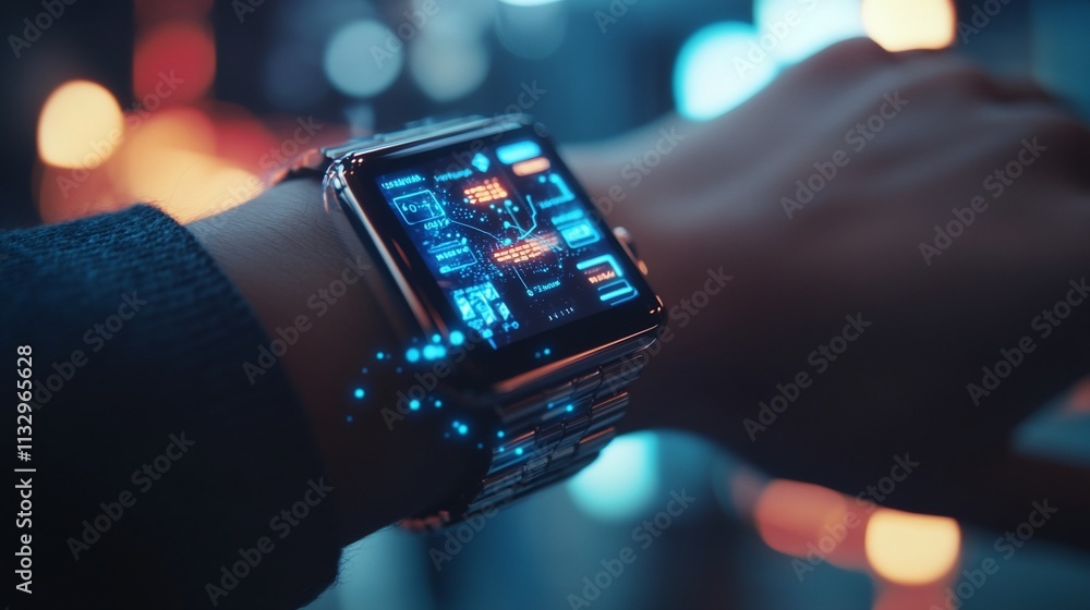 Poster A futuristic smartwatch displaying digital data on a wrist.