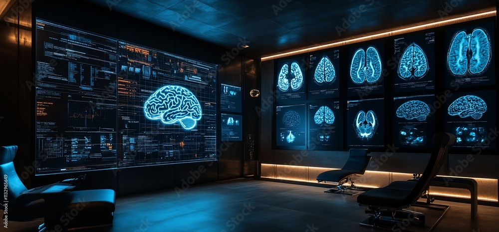 Poster A futuristic room displaying brain scans and data visualizations.