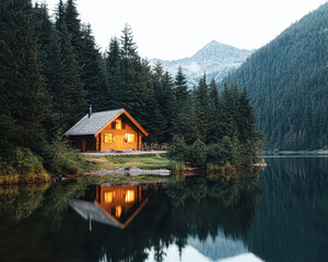 Obraz premium A cabin is surrounded by trees and a lake