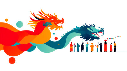 Fototapeta premium A vibrant illustration featuring two dragons and a diverse group of people, symbolizing celebration and cultural unity.