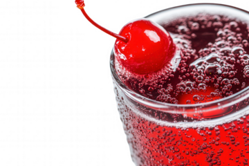 A bright fizzy drink fills a clear glass, with bubbles rising to the surface. A single red cherry rests on top, adding a touch of color. This refreshing beverage is perfect for a hot day or celebratio
