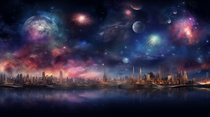 A vibrant fantasy New Year scene with magical fireworks, illuminated by hard light to create striking contrasts. , ,generative ai illustration