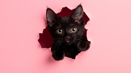 Cute black cat peeking through a hole in a pink paper background. AI generated illustration