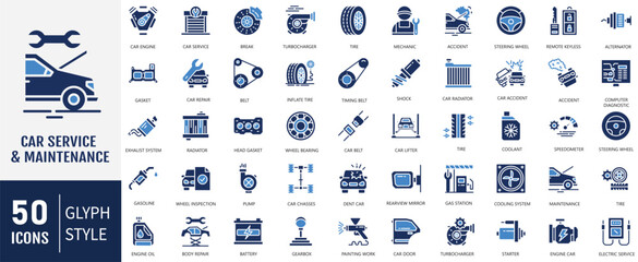 Car Service and Maintenance Flat Icon set. Containing Auto service, car repair, car service, maintenance and garage icon. Vector Illustration
