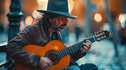 Obraz premium Man Playing Classical Guitar Outdoors at Night