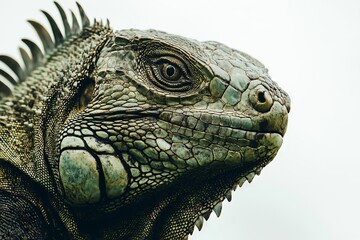 Obraz premium Close-up of an iguana with its head tilted, on a white background. AI generated illustration
