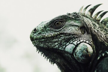 Obraz premium Close-up of an iguana with its head tilted, on a white background. AI generated illustration