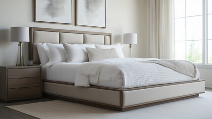 Fototapeta premium Decluttered bedroom with a platform bed, neutral upholstered headboard, white linens, and hidden-drawer bedside tables. Soft gray wood floor, abstract art, and warm lighting. High resolution.