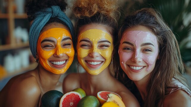 Three friends share laughter and smiles while applying colorful face masks and holding fresh fruits in an inviting indoor space filled with greenery