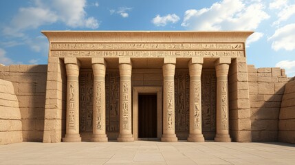 Fototapeta premium A majestic ancient temple featuring tall columns adorned with carvings, set against a clear blue sky.
