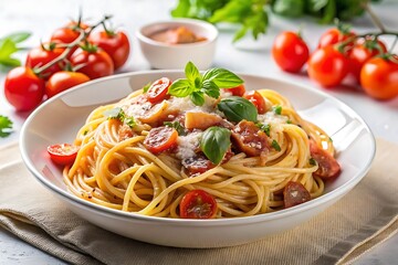 spaghetti with tomato sauce and basil