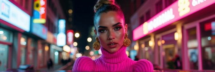 Obraz premium Young caucasian female in vibrant urban night scene with neon lights