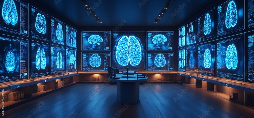 Poster A high-tech room displaying brain scans on multiple screens for analysis.