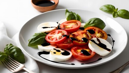 Fresh Caprese salad with ripe tomatoes, mozzarella slices, and basil leaves, drizzled with olive oil and balsamic vinegar. Set on a white plate with a light, clean background.