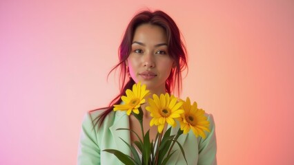 Fototapeta premium Young asian female holding yellow flowers against pink background