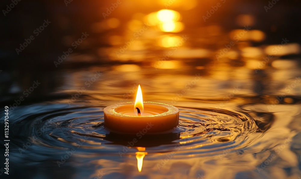 Poster a lit candle floating on water, creating a serene and warm atmosphere.