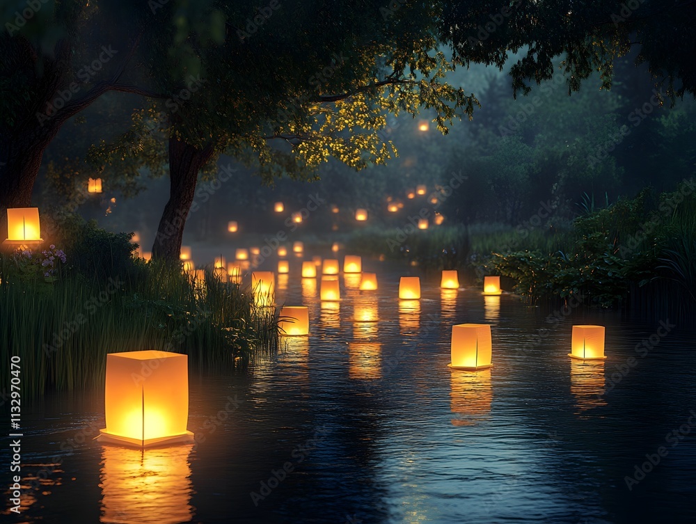 Poster illuminated lanterns floating on a serene river at dusk surrounded by lush greenery and a calm, myst
