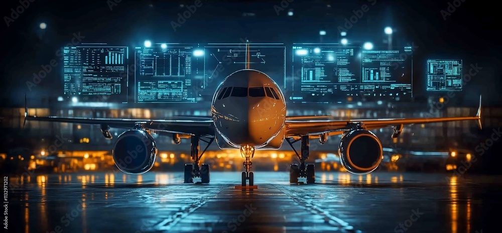 Poster a modern airplane at an illuminated airport with digital displays.
