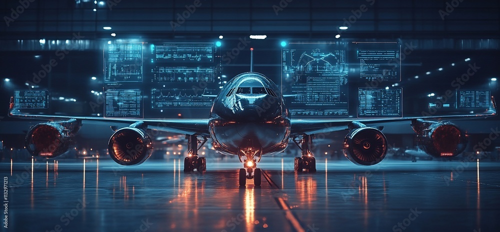 Poster a modern aircraft in a high-tech hangar with digital interfaces.