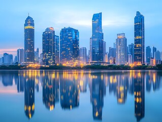 Obraz premium Modern skyline of a vibrant urban city at twilight, showcasing towering buildings reflecting in a calm body of water, capturing the essence of metropolis life
