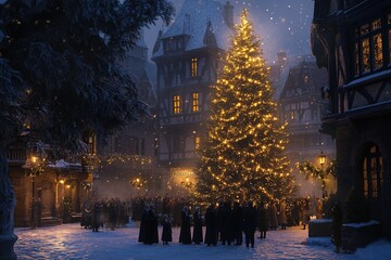 carolers singing under grand christmas tree in cobblestone plaza surrounded by victorian buildings