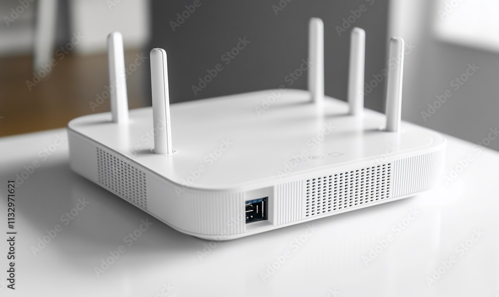 Poster A modern white Wi-Fi router with multiple antennas for enhanced connectivity.