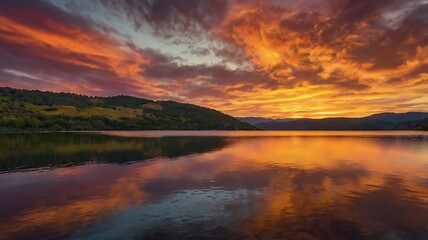 Obraz premium Fiery Sunset Over Calm Lake And Rolling Hills