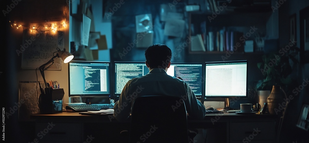 Poster A person coding at a desk with multiple monitors in a dimly lit room.