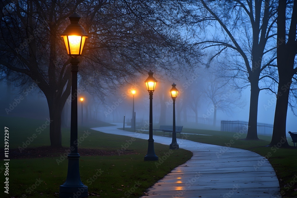 Aufkleber Tranquil Evening Stroll Along Foggy Pathway Illuminated by Warm Street Lamps in a Serene Park Setting with Bare Trees and Soft Mist