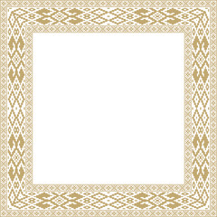Vector golden square belarusian national ornament frame. Ethnic pattern rectangle of Slavic peoples, Russian, Ukrainian, Serb, Pole, Bulgarian. Cross stitch template
