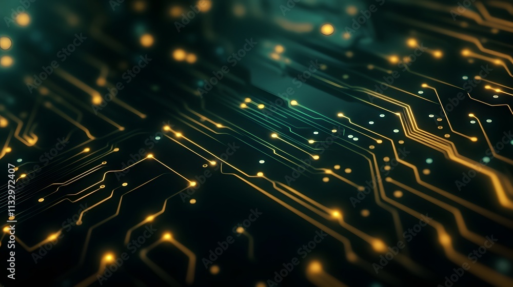 Poster Abstract Circuit Board Design with Glowing Lights and Intricate Patterns in Dark Background, Representing Technology and Innovation in Modern Digital Era