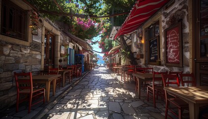 A sunny cobblestone street lined with charming cafes and shops, offering a picturesque view of the Mediterranean coast.